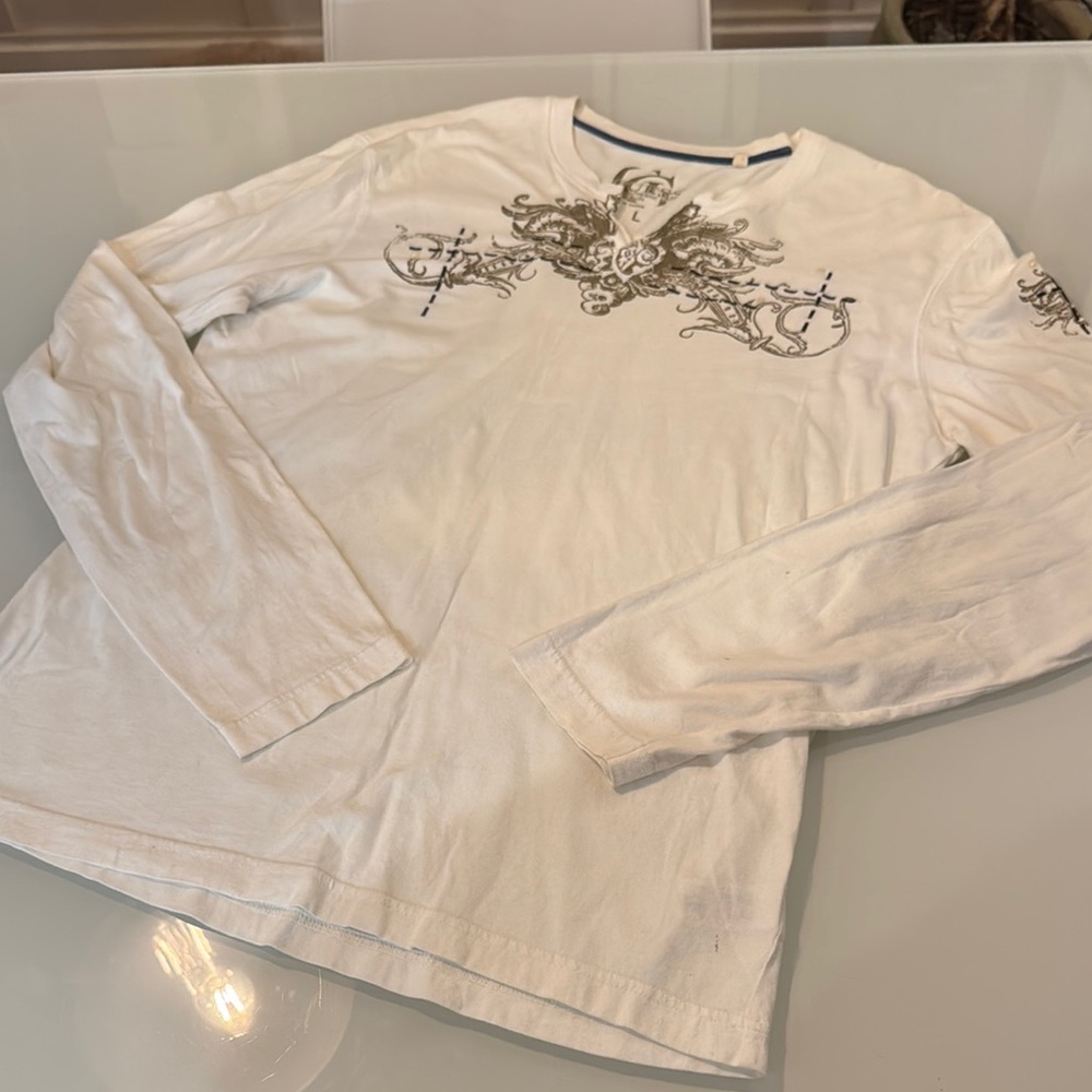 Guess White Graphic Long Sleeve Shirt - size L